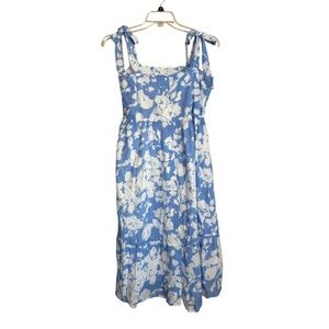 Blue and White Square Neck Sleeveless Midi Dress